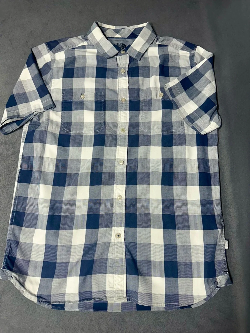 The North Face Men's Navy and White Check Short Sleeve Button-Up